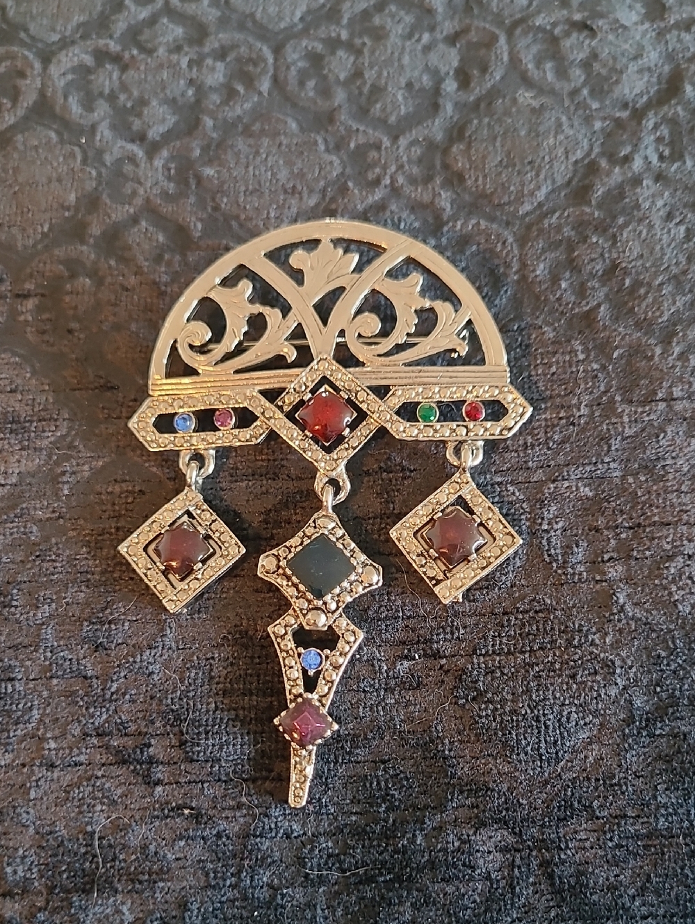 New Art Deco-Inspired Silvertone Multicolour Dangle Brooch